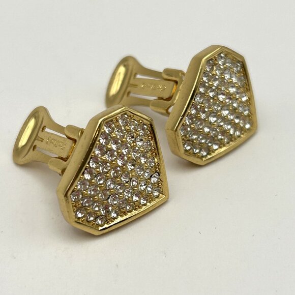 Vintage Christian Dior Clip on Earrings Gold Tone Pave Rhinestone Signed - Picture 3 of 12